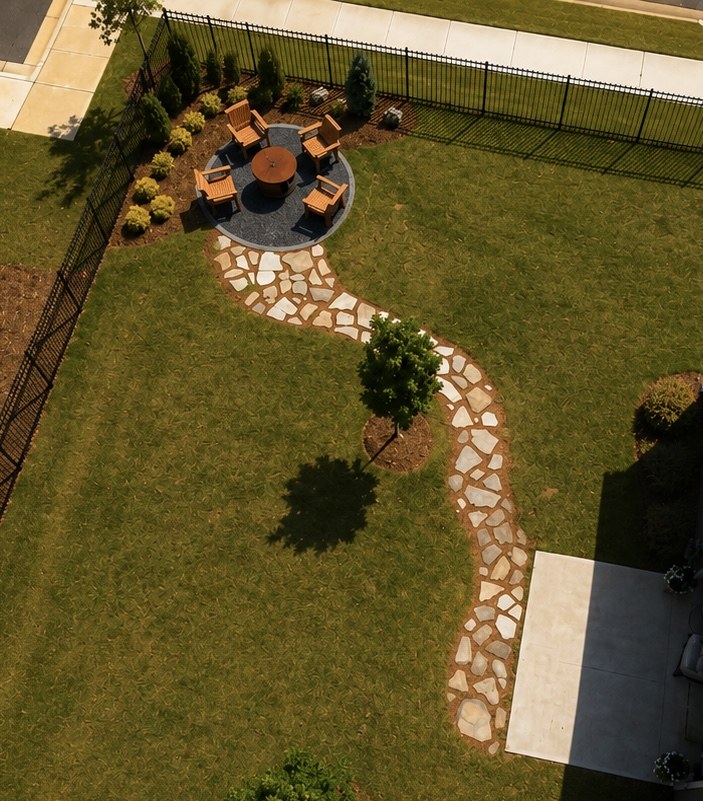 Aerial view of the fire-pit patio and curved flagstone garden path